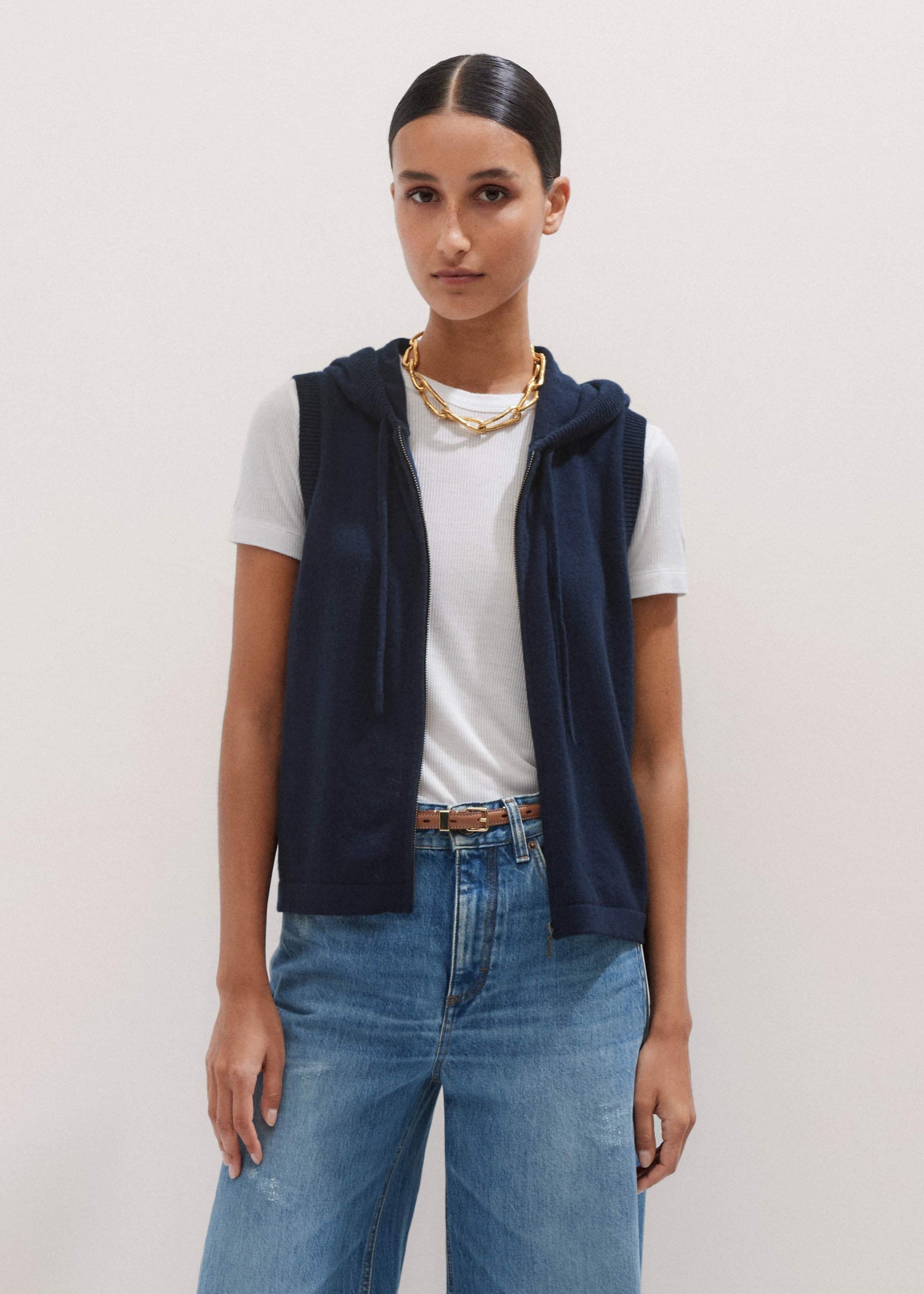 Navy Icon Cashmere Sleeveless Blazer Hoodie | Knitwear