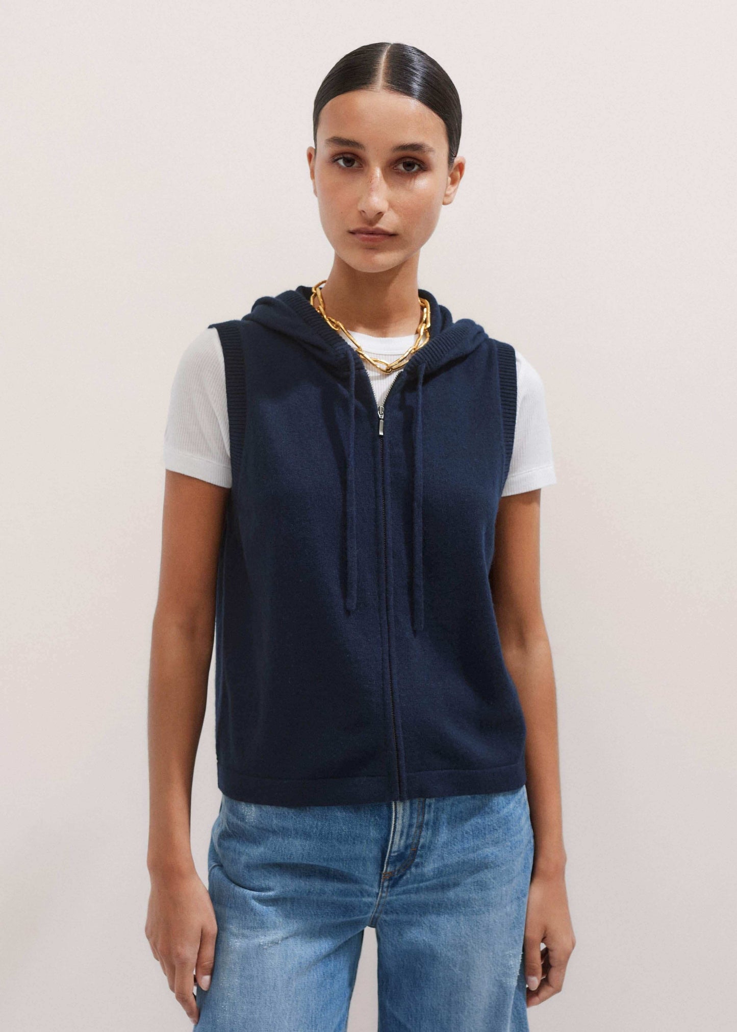 Navy Icon Cashmere Sleeveless Blazer Hoodie | Knitwear