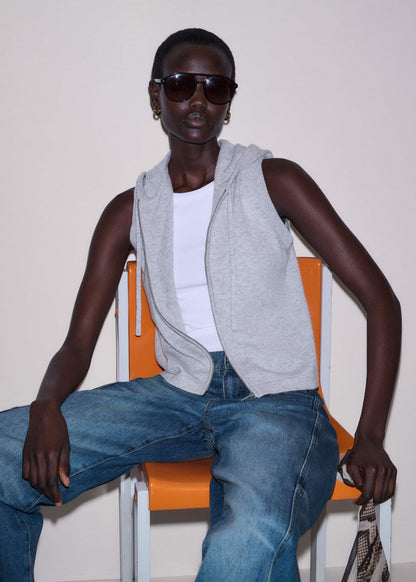 Gray Cashmere Sleeveless Relaxed Zip Hoodie
