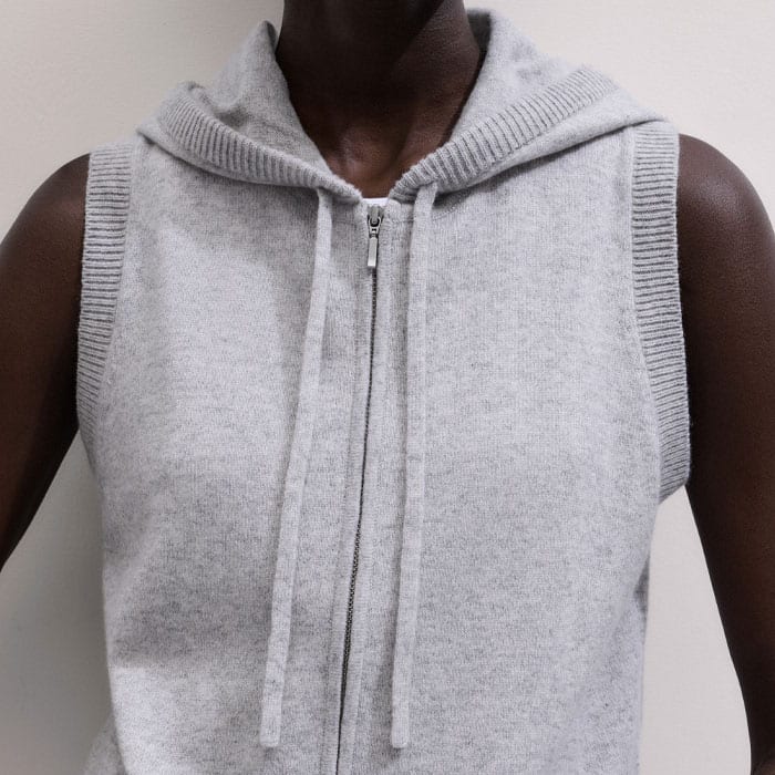 Gray Cashmere Sleeveless Relaxed Zip Hoodie