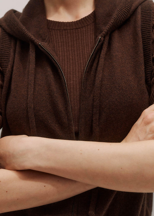 Brown Cashmere Sleeveless Relaxed Zip Hoodie
