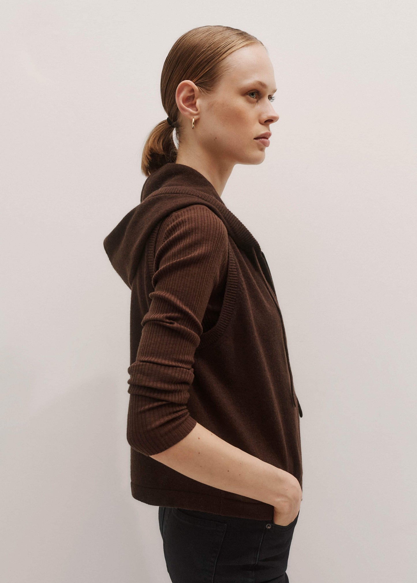 Brown Cashmere Sleeveless Relaxed Zip Hoodie
