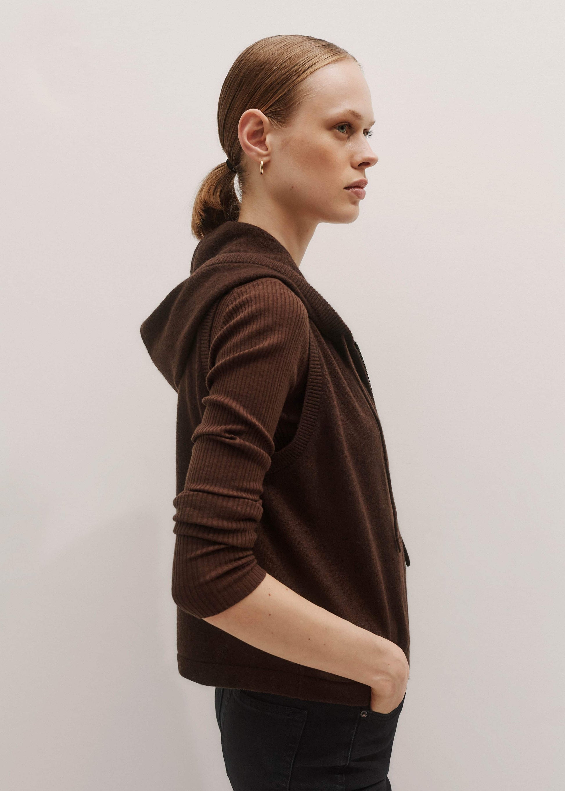 Brown Cashmere Sleeveless Relaxed Zip Hoodie