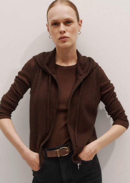 Brown Cashmere Sleeveless Relaxed Zip Hoodie