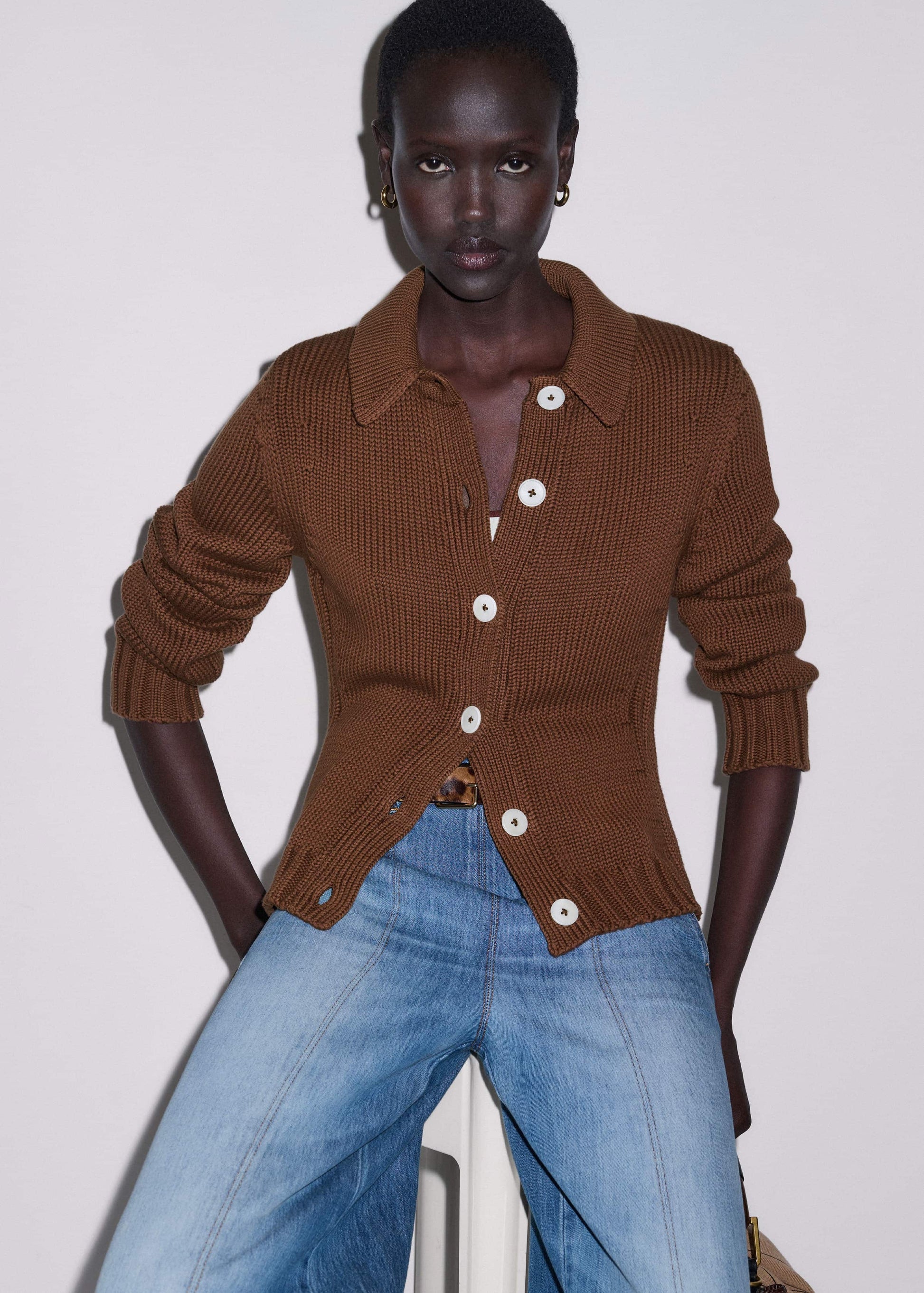 Brown Slim Collared Cardigan