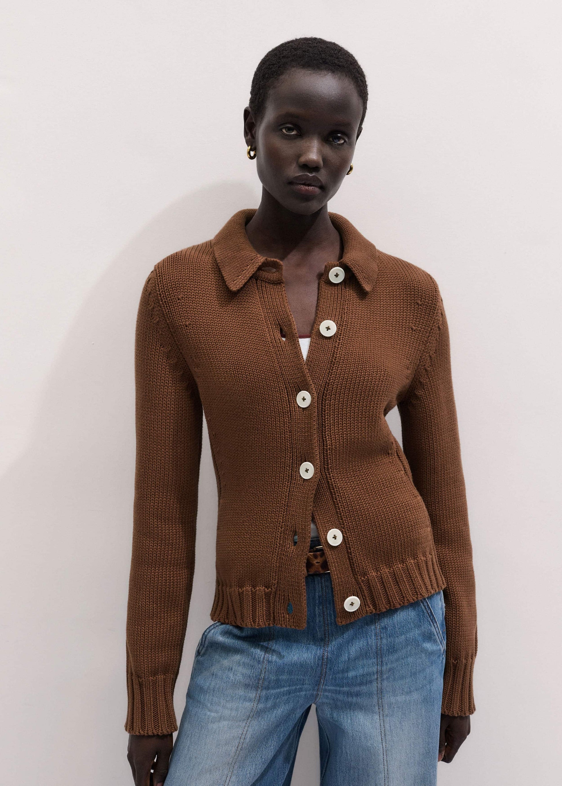 Brown Slim Collared Cardigan