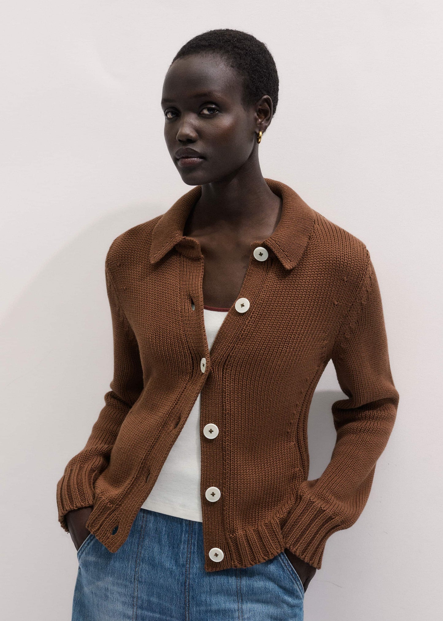 Brown Slim Collared Cardigan