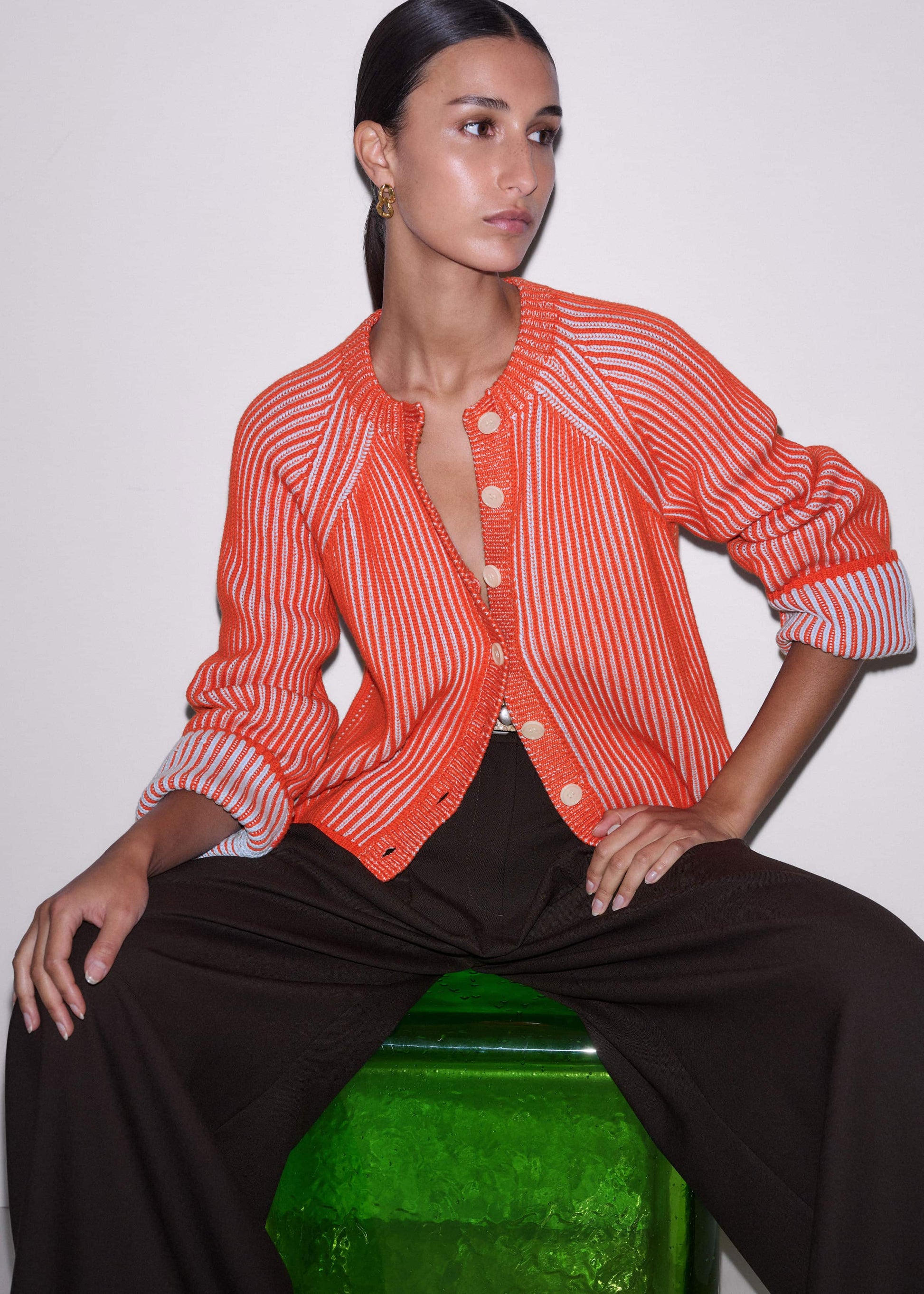 Orange Contrast Rib Straight Cardigan