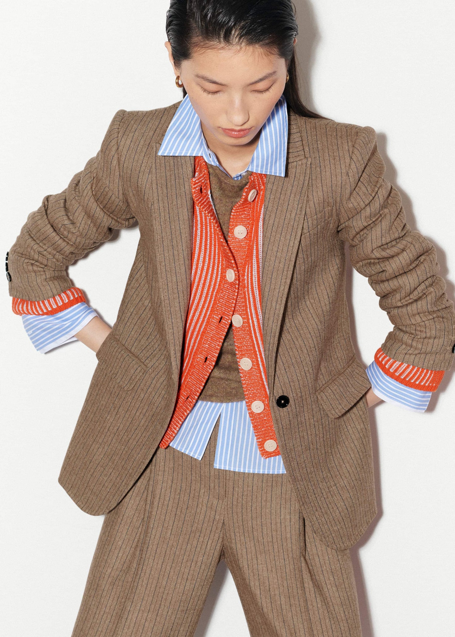 Orange Contrast Rib Straight Cardigan