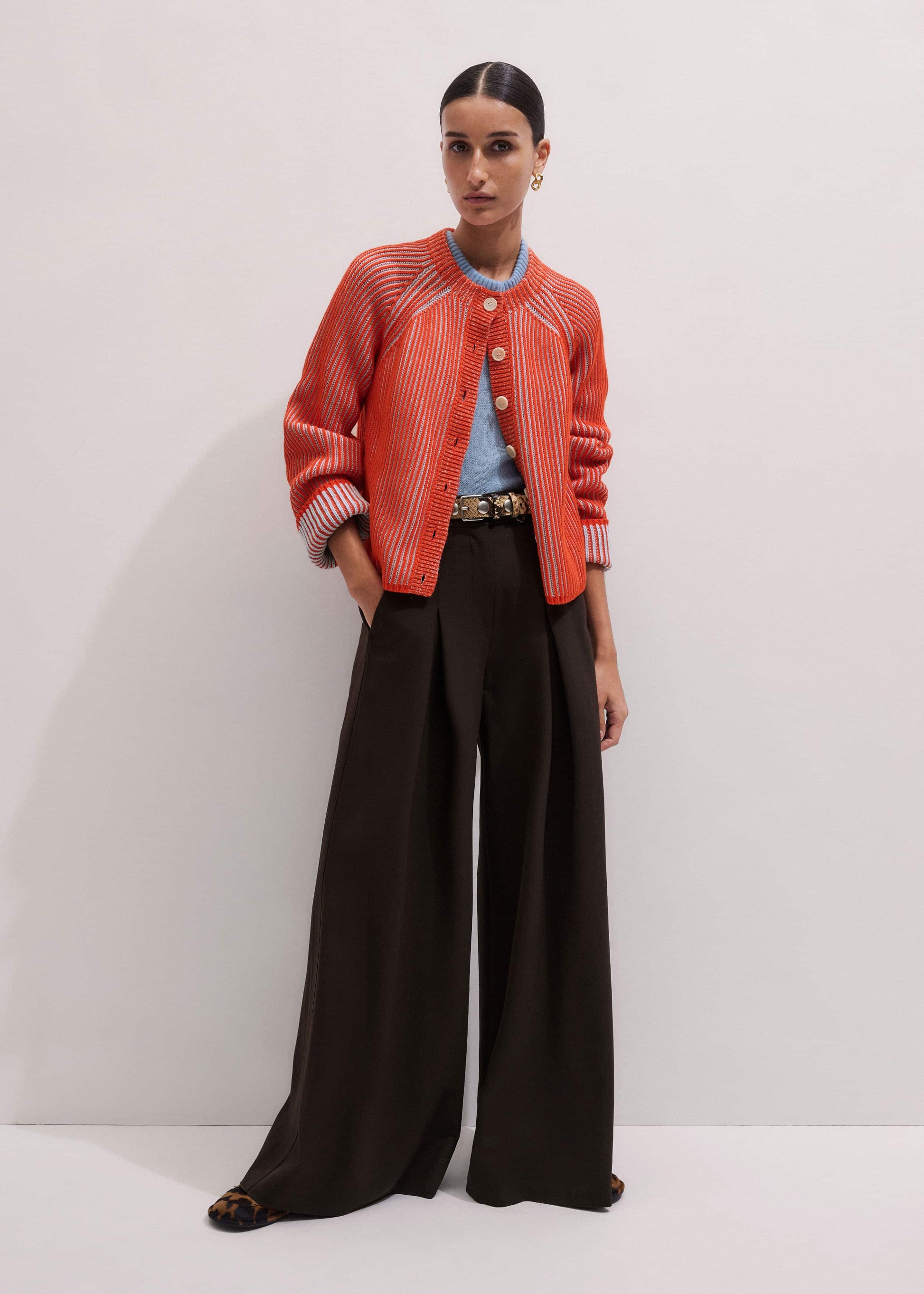 Orange Contrast Rib Straight Cardigan
