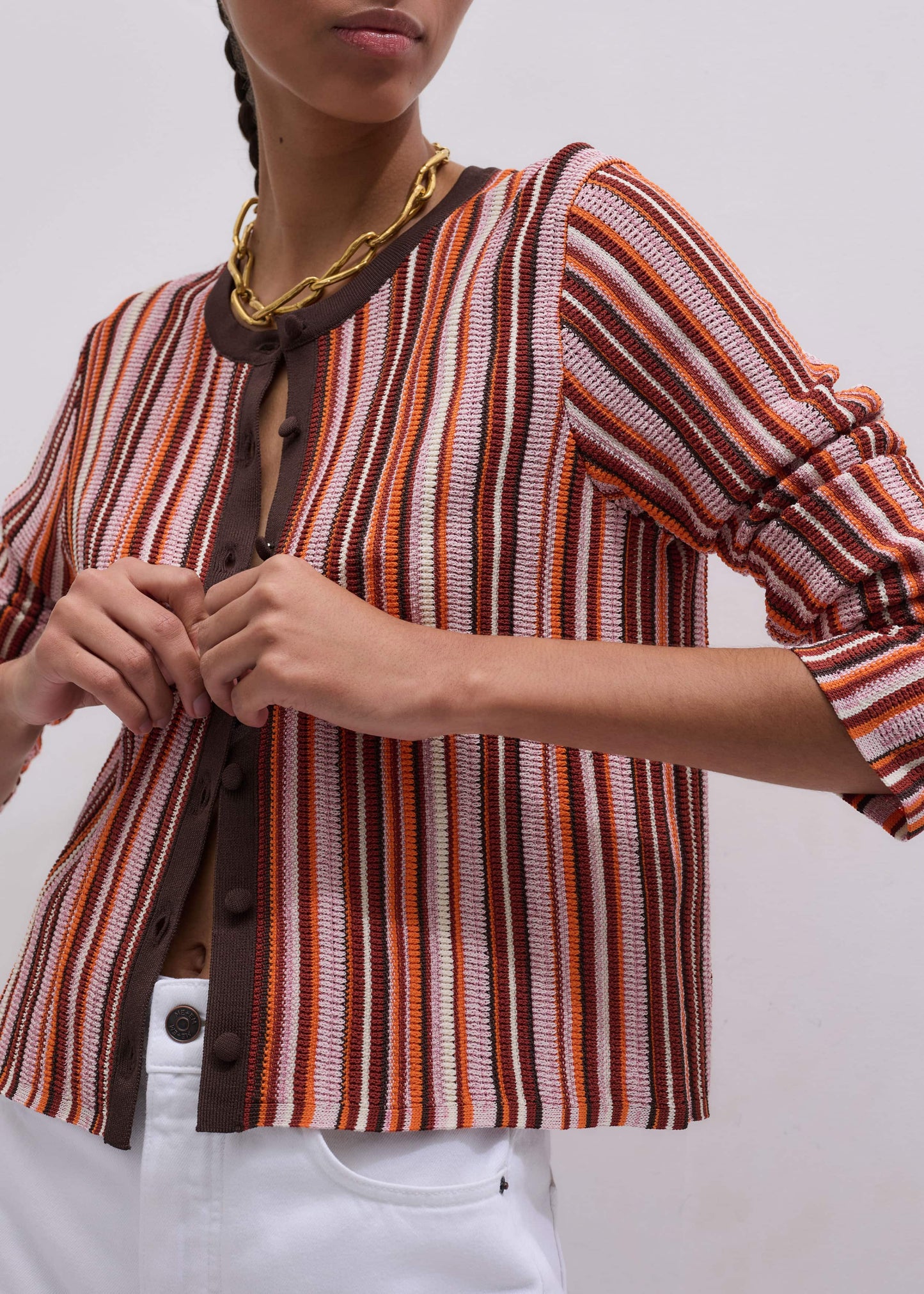 Cinnamon Brown Metallic Stripe Cardigan