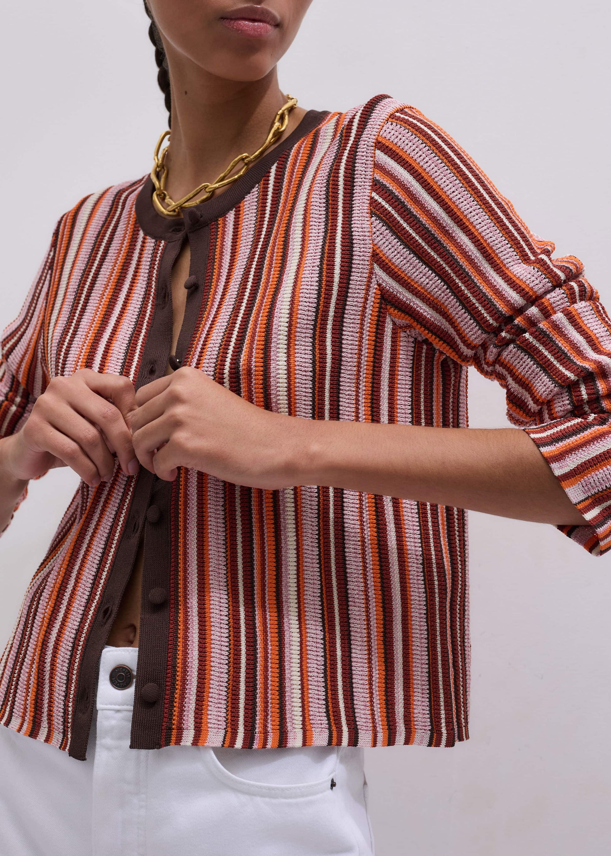 Cinnamon Brown Metallic Stripe Cardigan