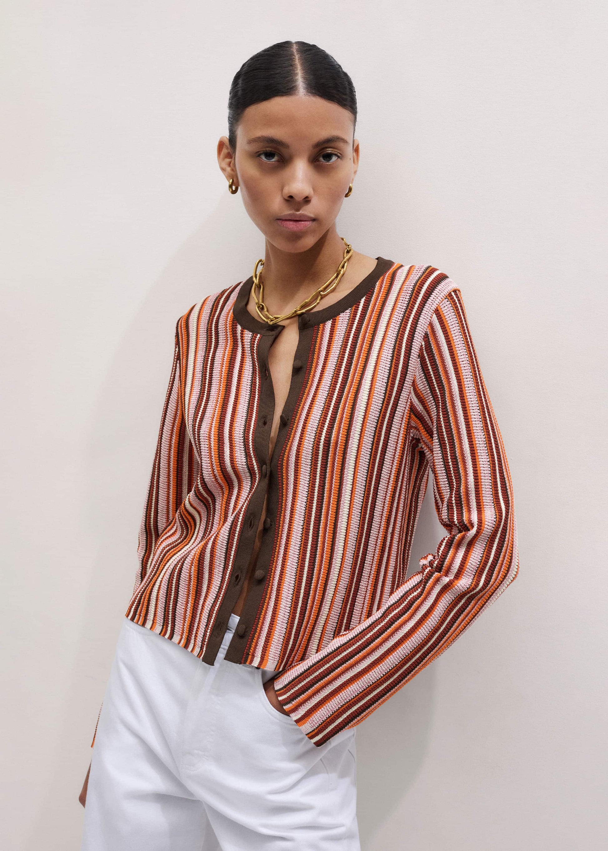 Cinnamon Brown Metallic Stripe Cardigan