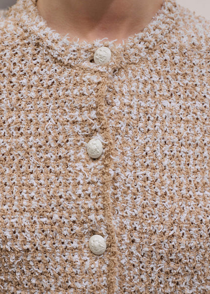 Cream Tweed Knit Pouf Shoulder Textured Crop Jacket