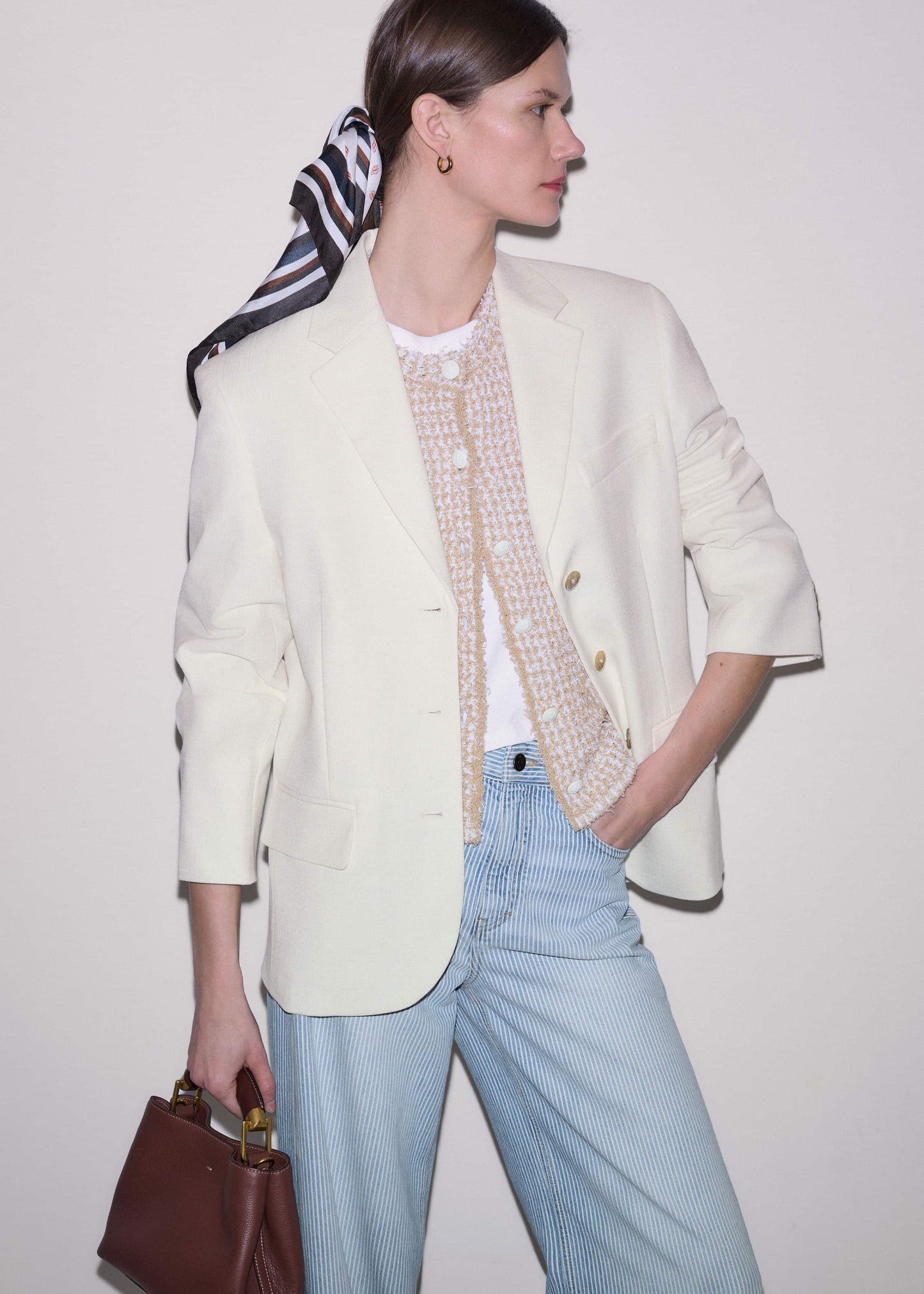 Cream Tweed Knit Pouf Shoulder Textured Crop Jacket