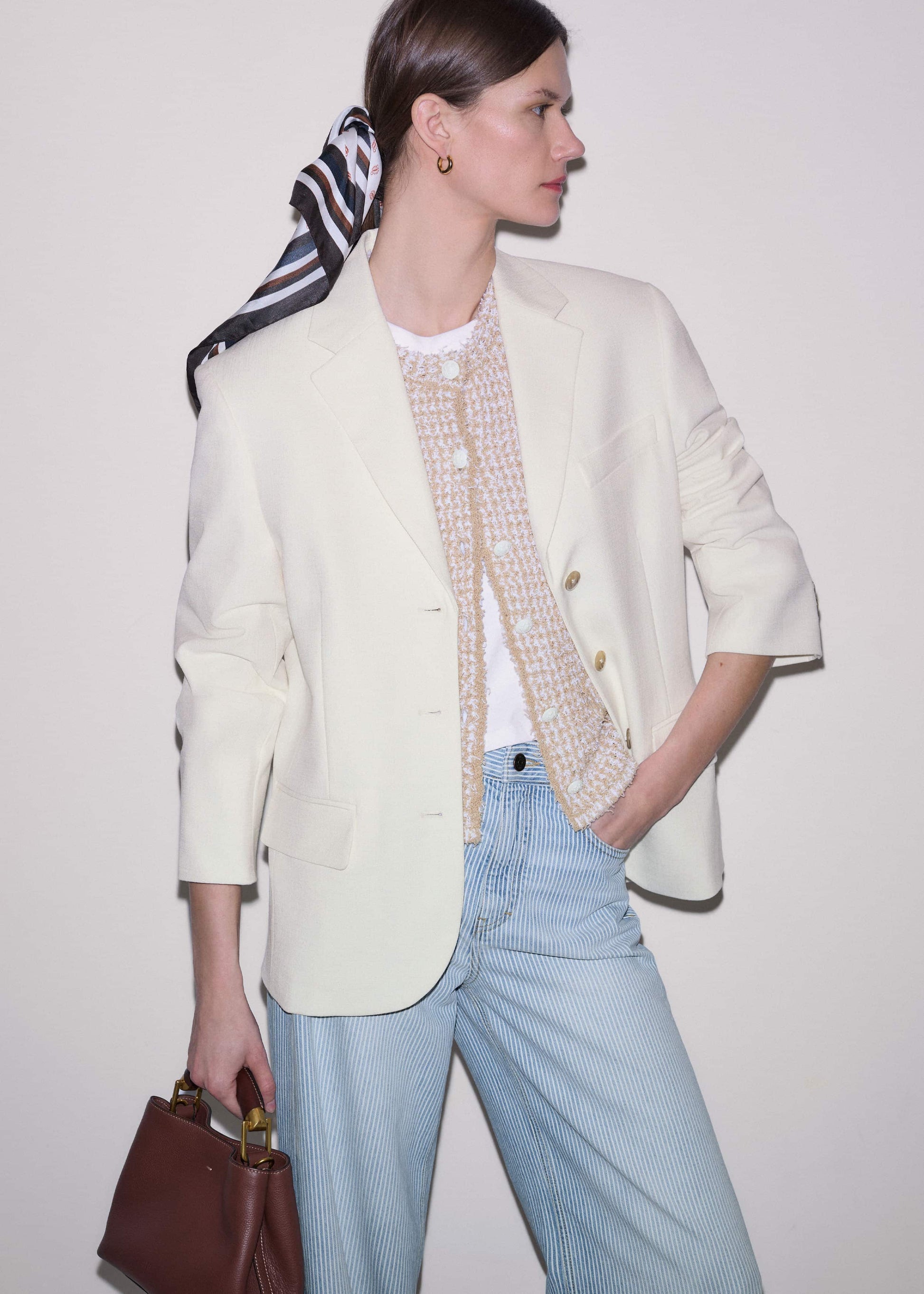 Cream Tweed Knit Pouf Shoulder Textured Crop Jacket