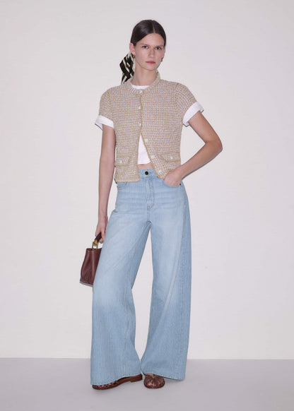 Cream Tweed Knit Pouf Shoulder Textured Crop Jacket