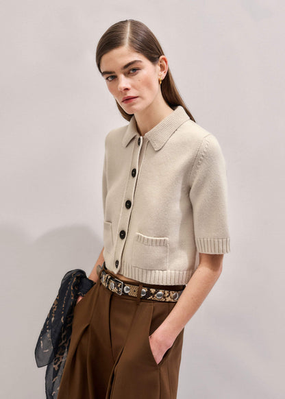 Cream Merino Cashmere Cropped Knit Jacket