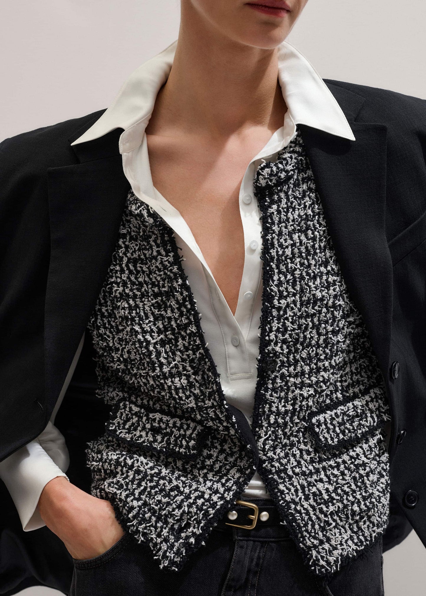 Black Tweed Knit Pouf Sleeve Crop Jacket