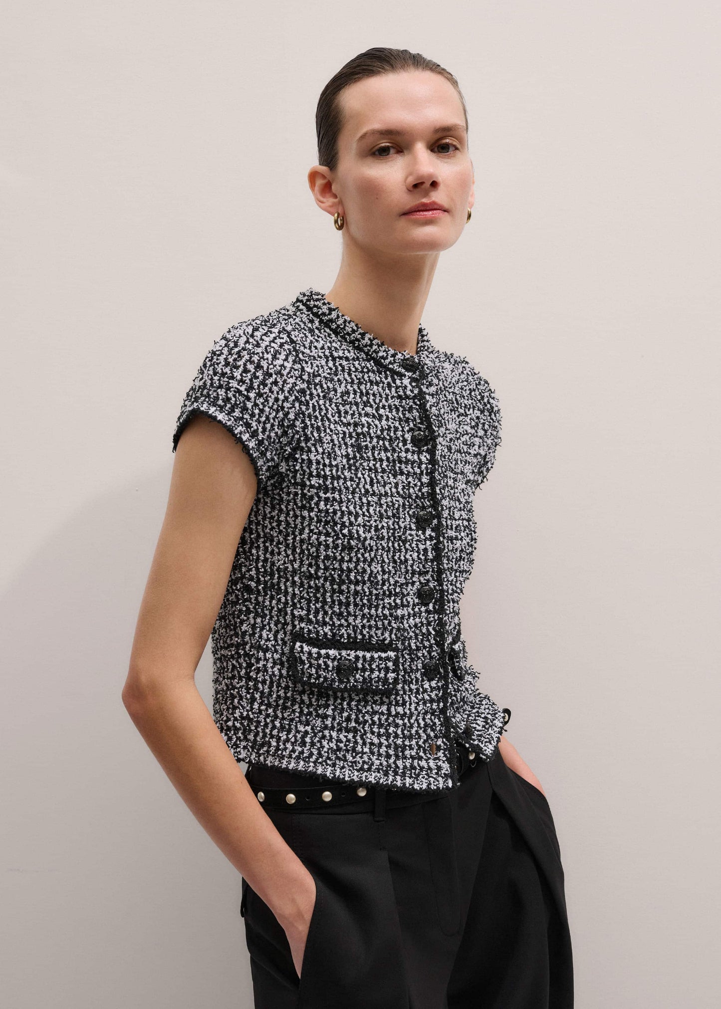 Black Tweed Knit Pouf Sleeve Crop Jacket