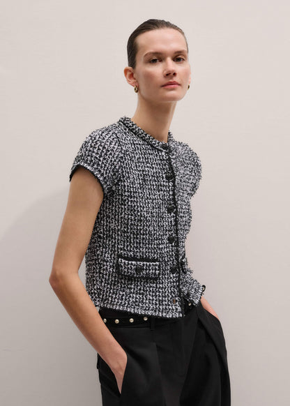 Black Tweed Knit Pouf Sleeve Crop Jacket