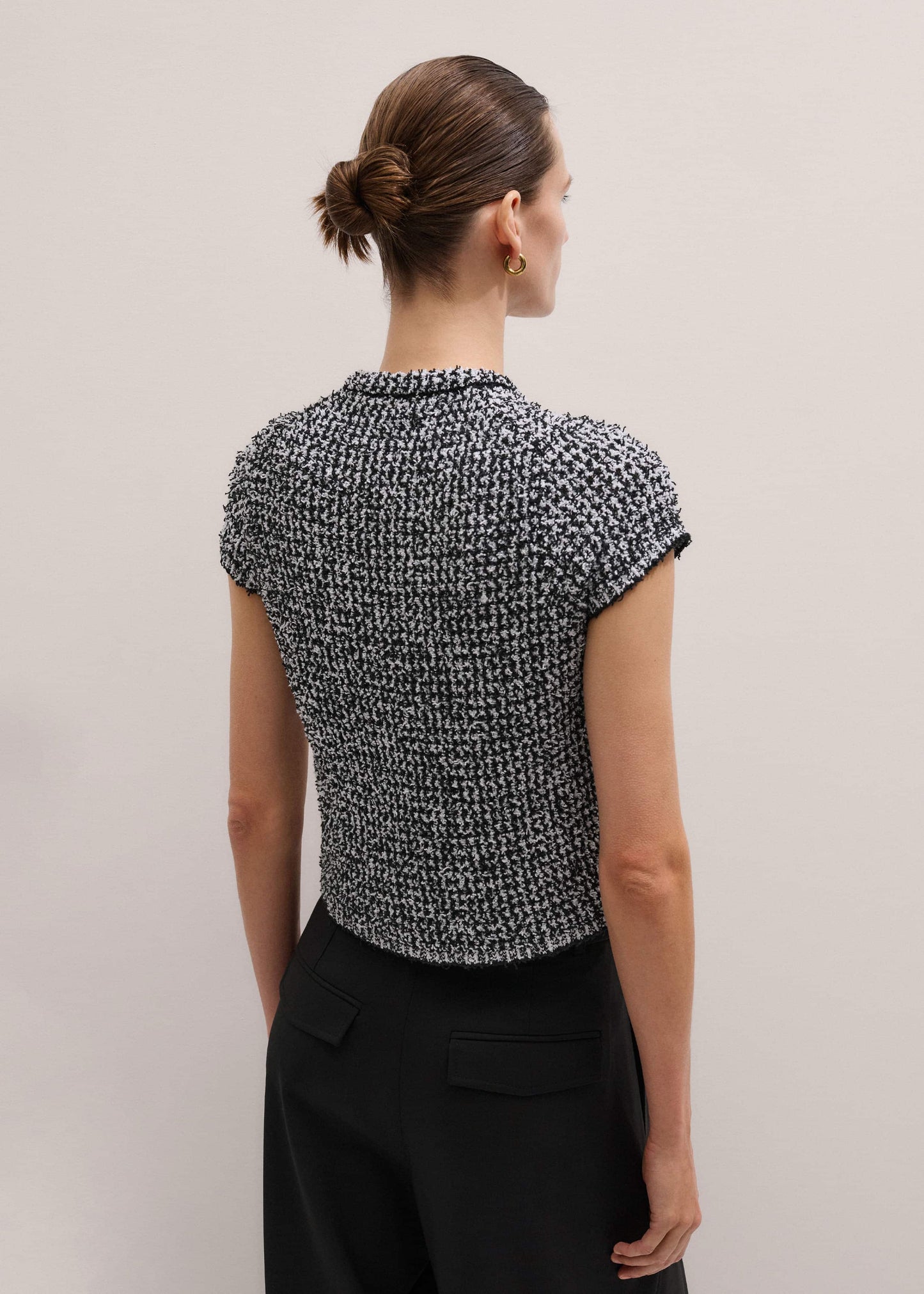 Black Tweed Knit Pouf Sleeve Crop Jacket