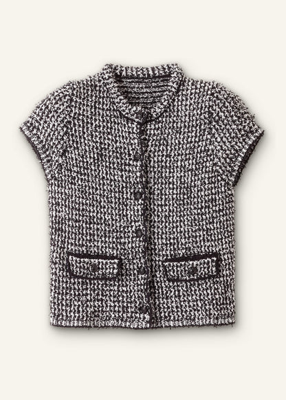 Black Tweed Knit Pouf Sleeve Crop Jacket