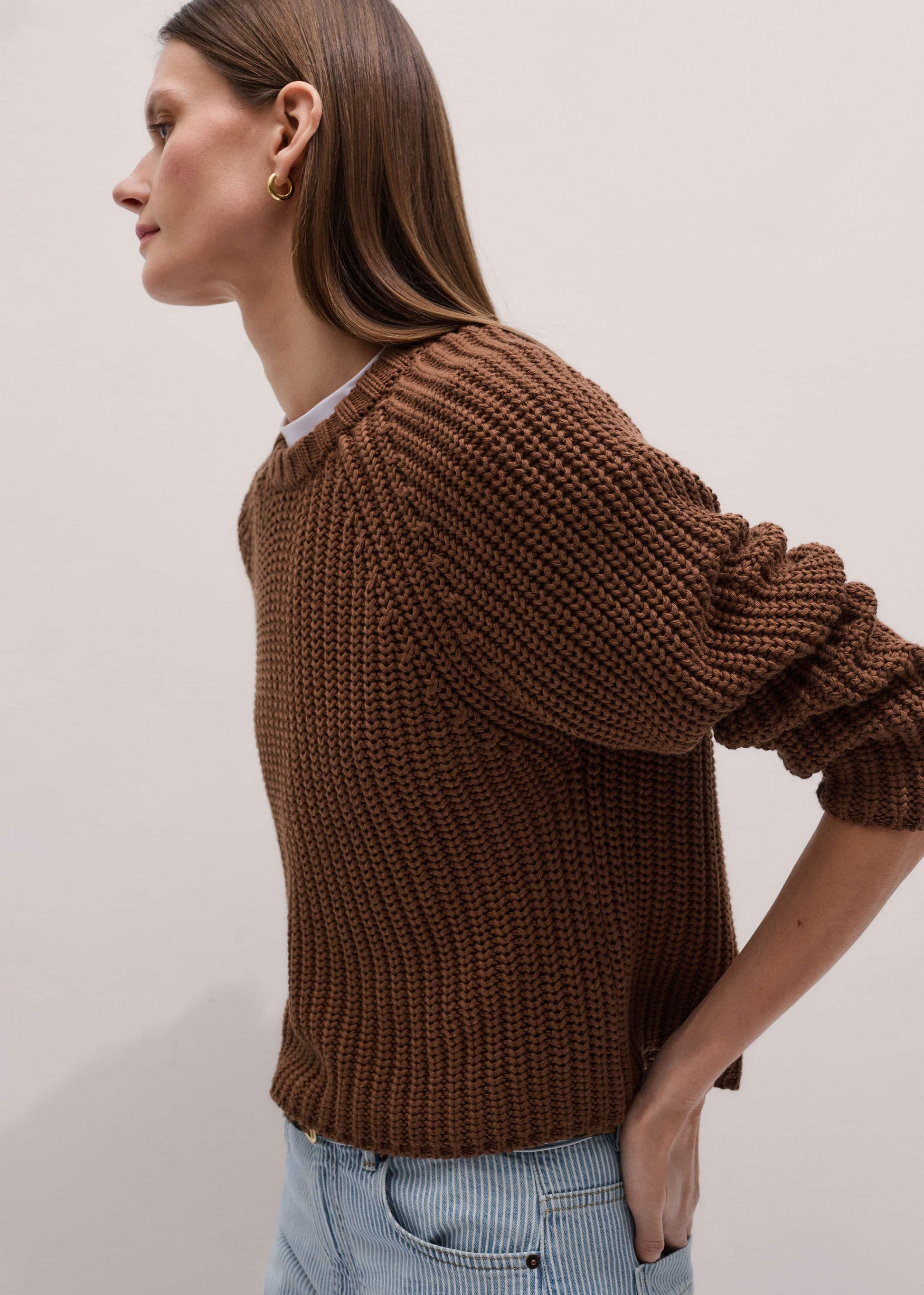 Brown Chunky Cotton Raglan Sweater