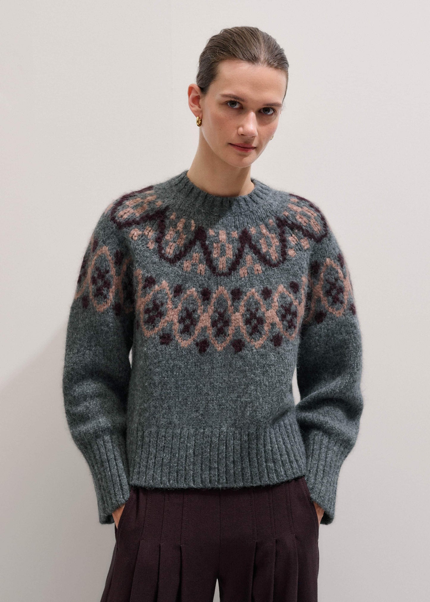 Gray Fairisle Jacquard Relaxed Sweater + Snood