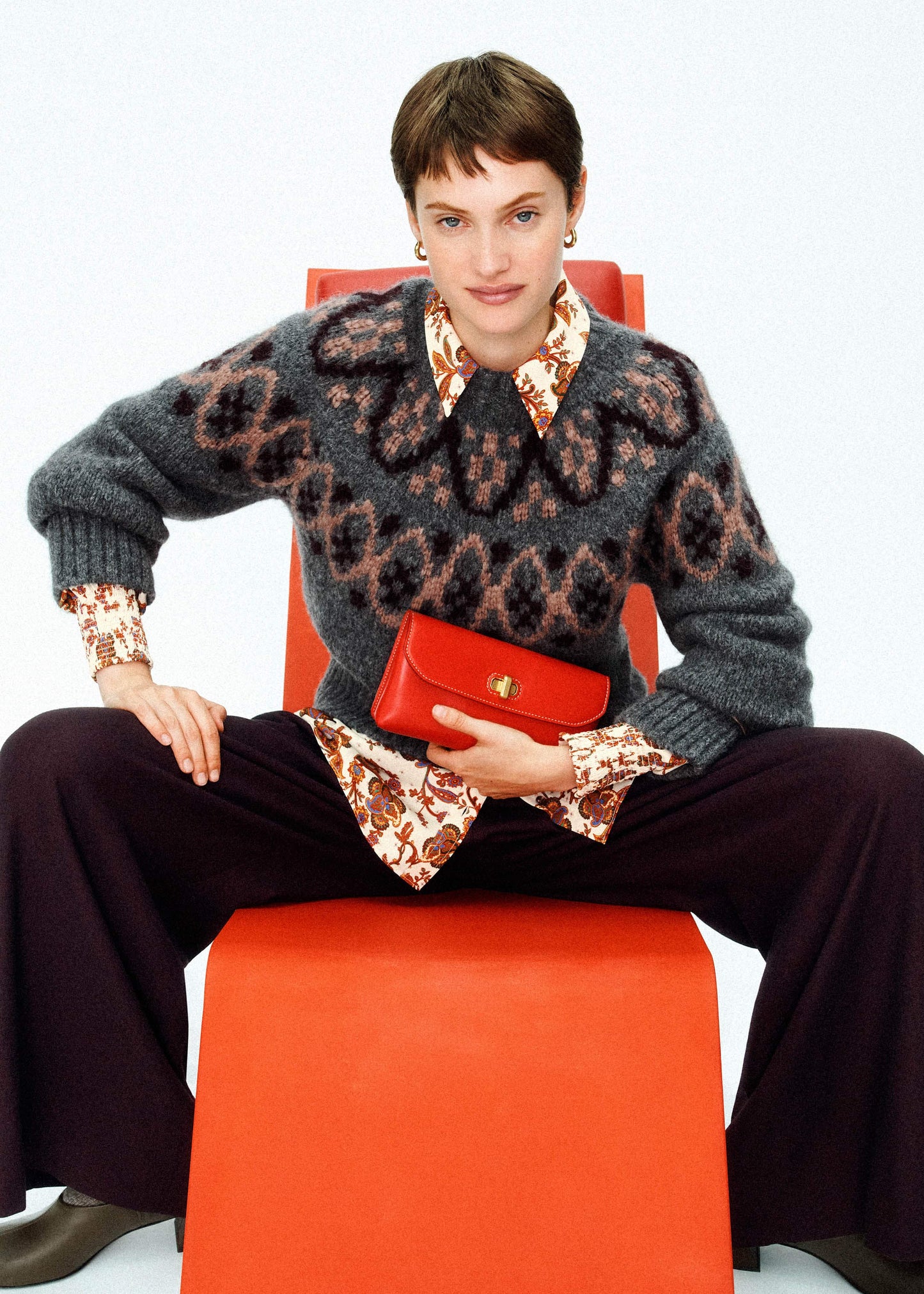 Gray Fairisle Jacquard Relaxed Sweater + Snood