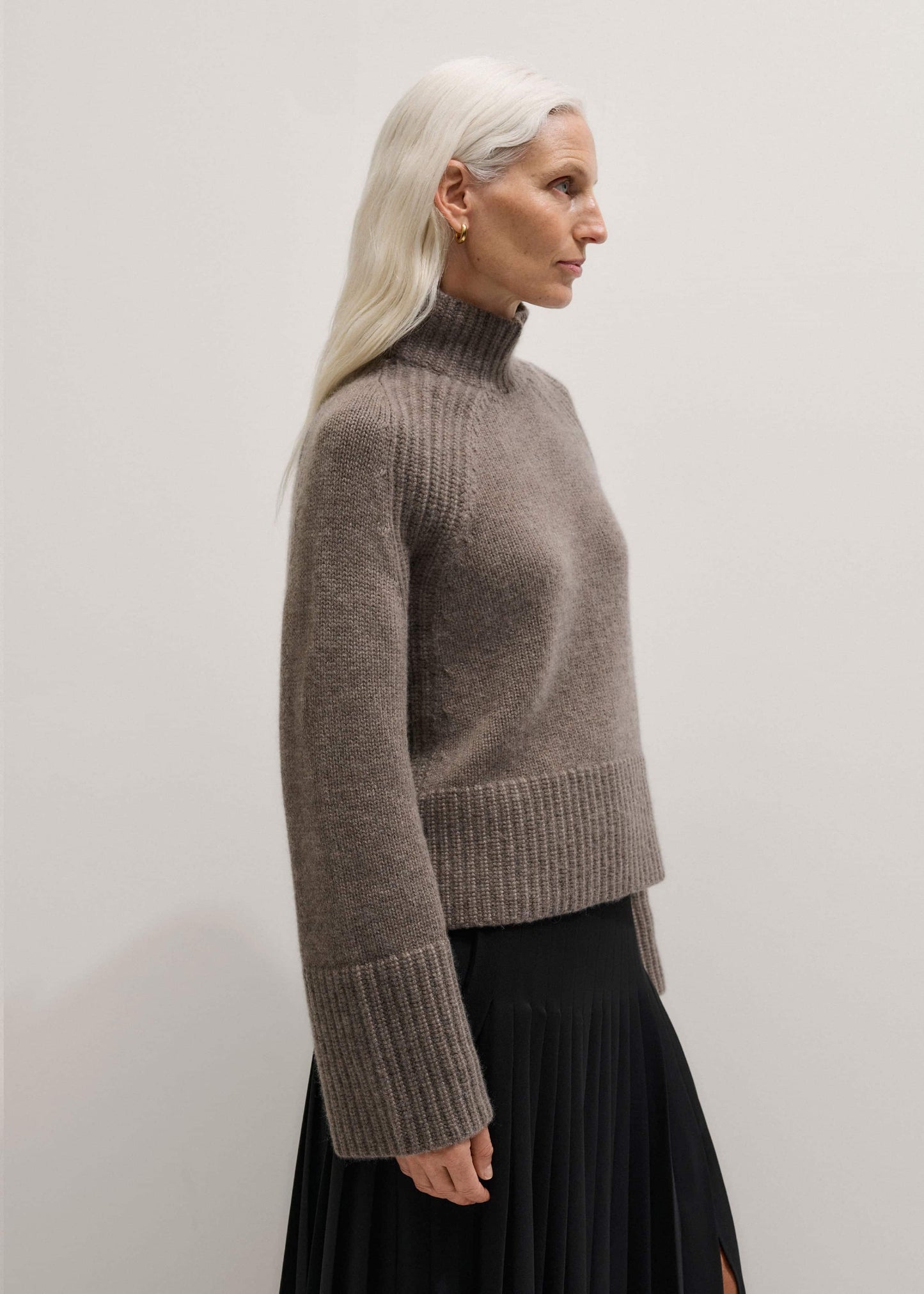 Brown Cashmere High Neck Relaxed Statement Sweater