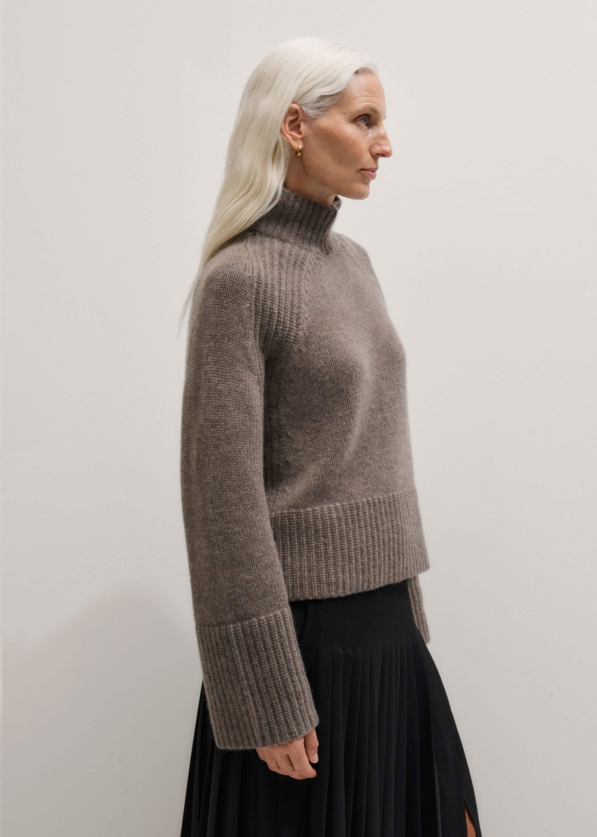 Brown Cashmere High Neck Relaxed Statement Sweater
