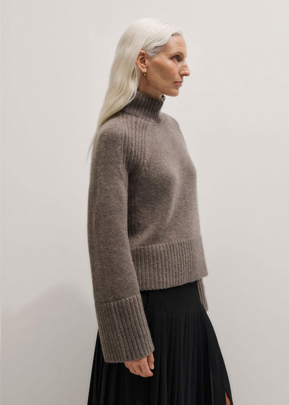 Brown Cashmere High Neck Relaxed Statement Sweater