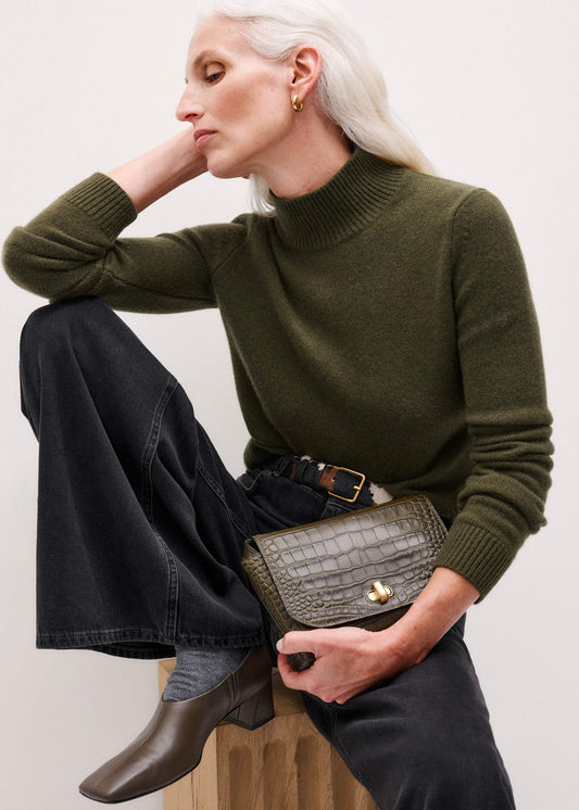 Olive Green High Neck Crop Sweater