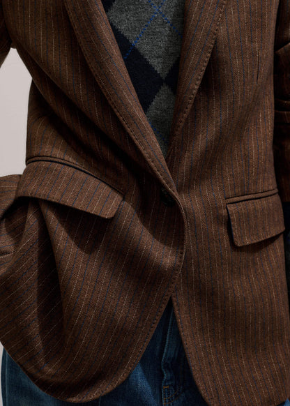Brown Pinstripe Sharp Shoulder Blazer