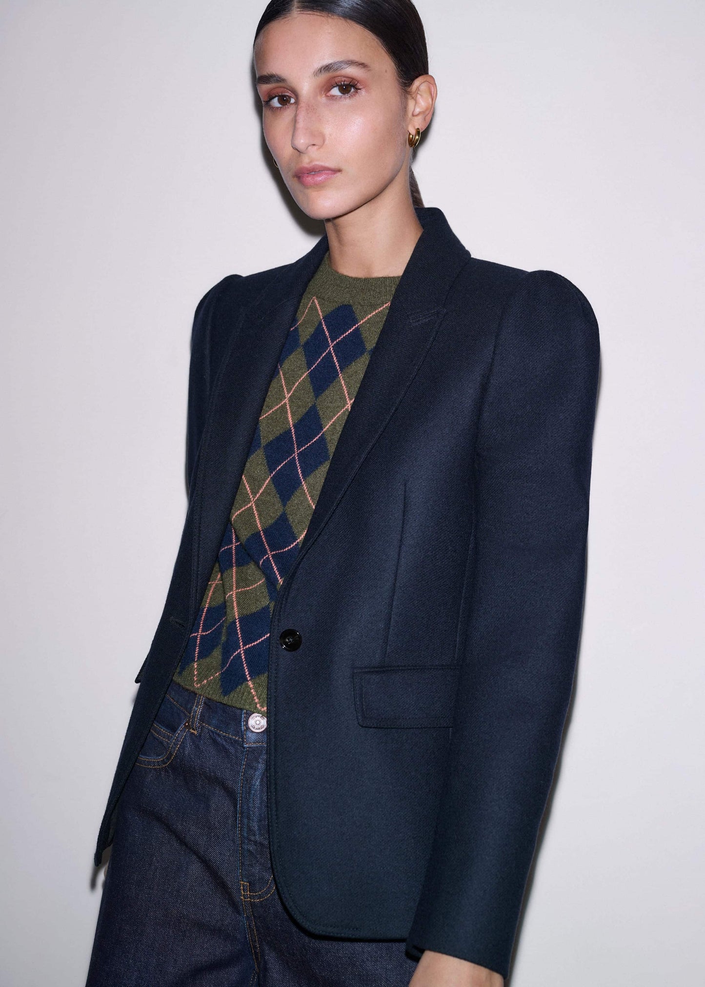 Navy Feminine Sleeve Fitted Blazer