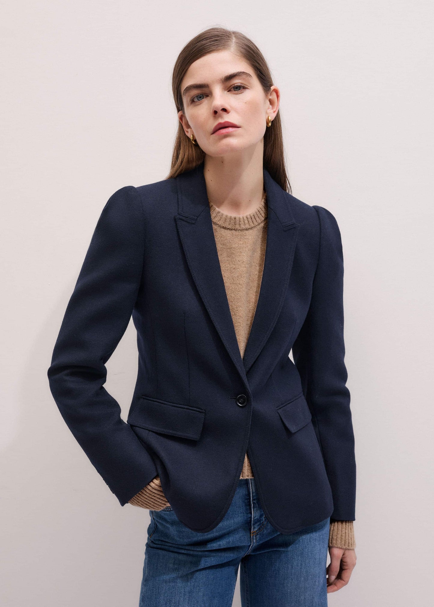 Navy Feminine Sleeve Fitted Blazer