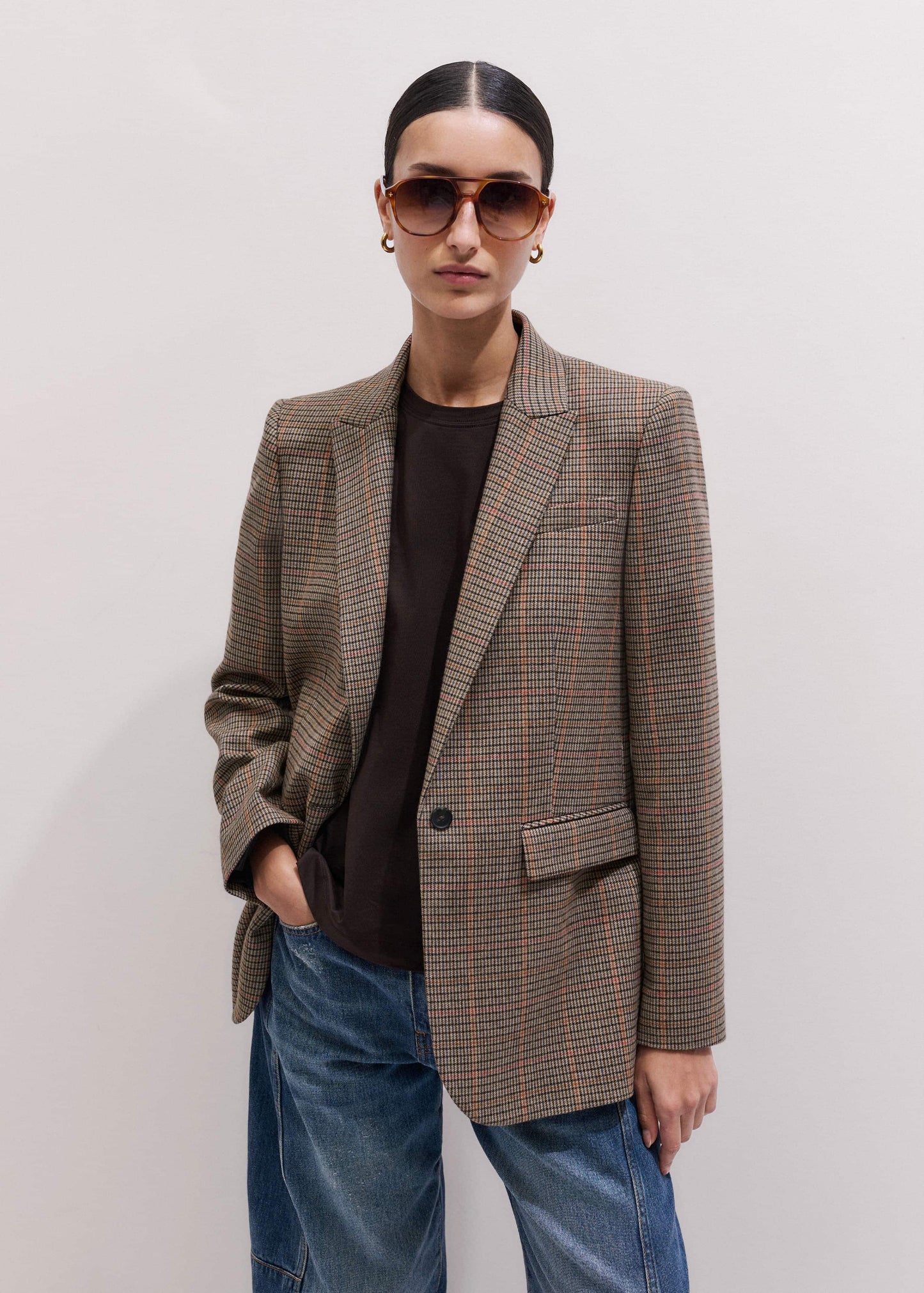 Brown Check Sharp Shoulder Blazer