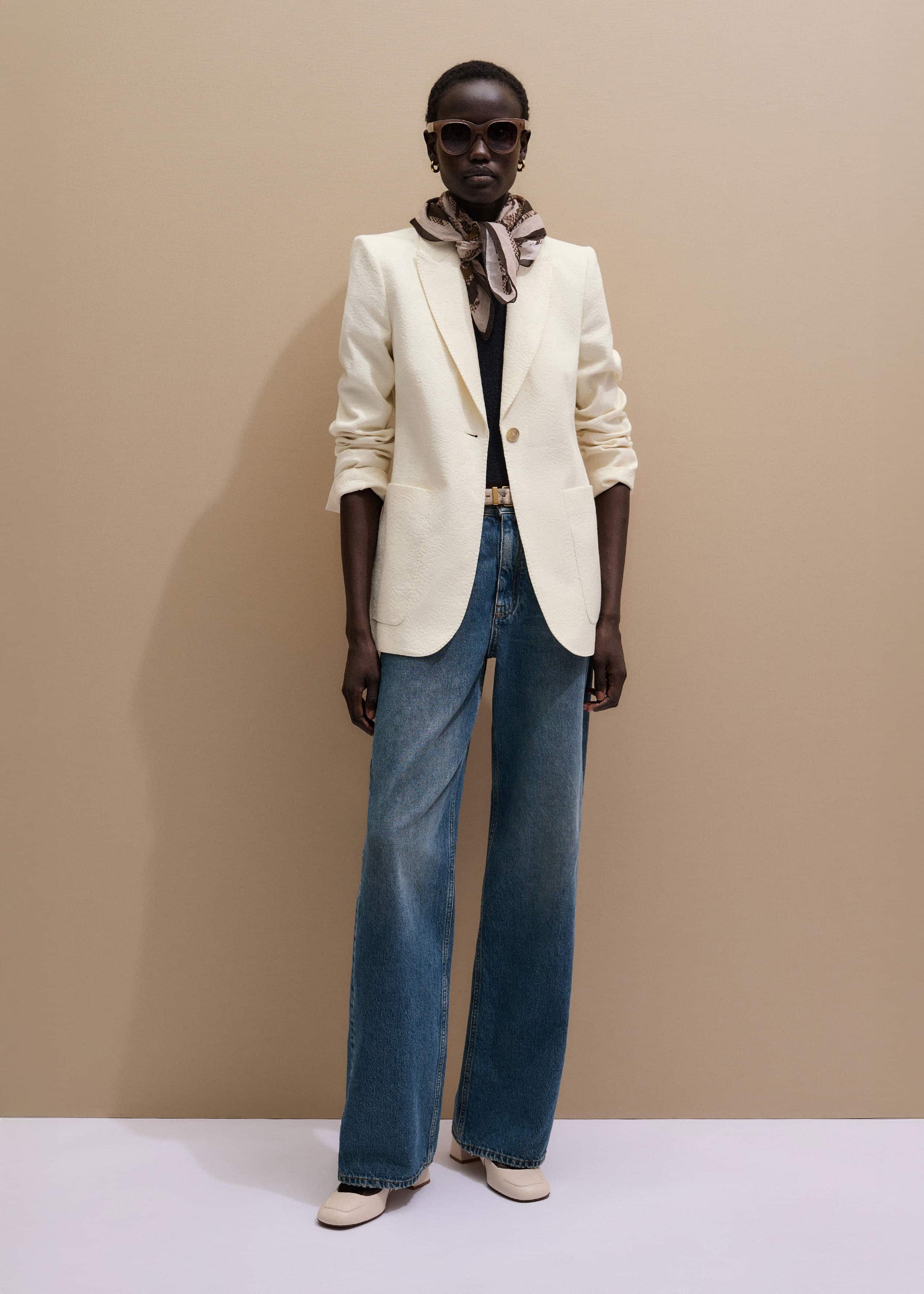 Ivory Luxe Jacquard Sharp Shoulder Blazer
