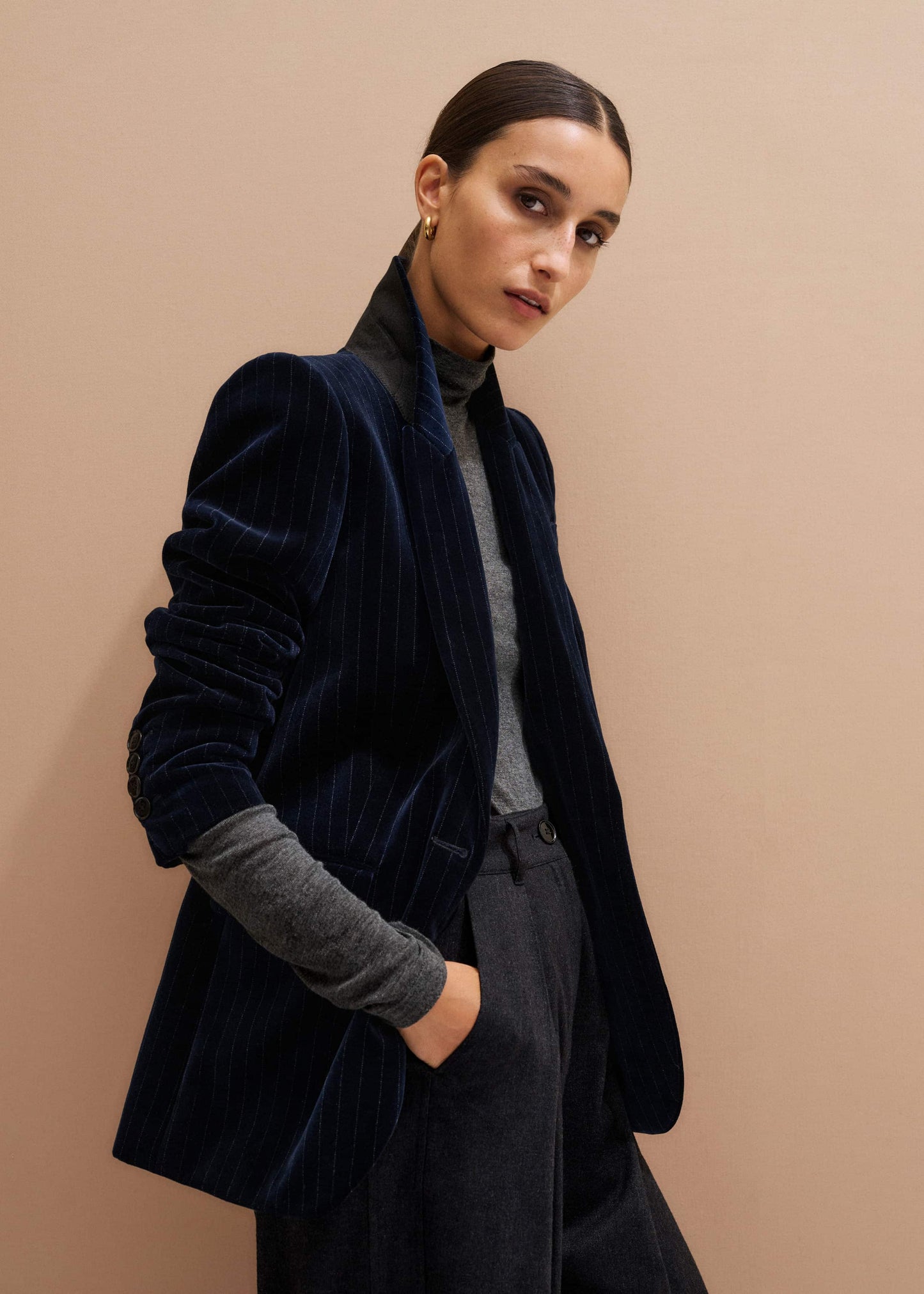 Navy Pinstripe Velvet Sharp Shoulder Blazer