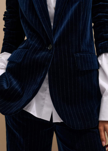 Navy Pinstripe Velvet Sharp Shoulder Blazer