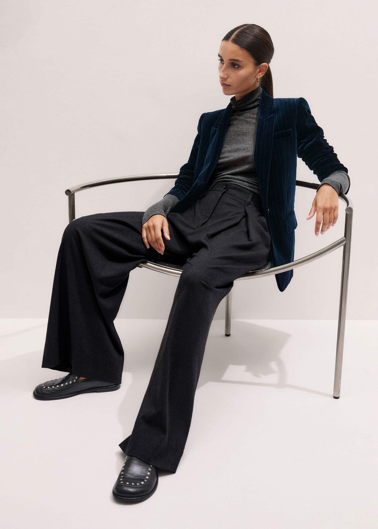 Navy Pinstripe Velvet Sharp Shoulder Blazer