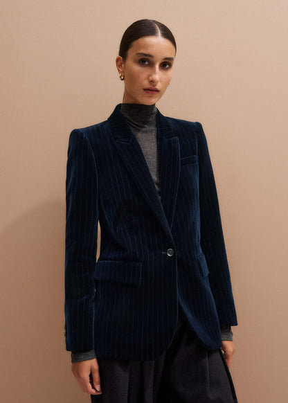 Navy Pinstripe Velvet Sharp Shoulder Blazer