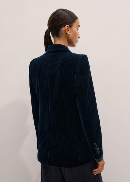 Navy Pinstripe Velvet Sharp Shoulder Blazer