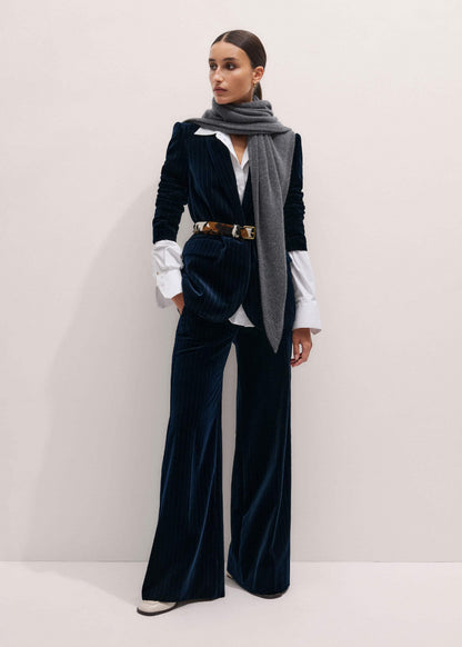 Navy Pinstripe Velvet Sharp Shoulder Blazer