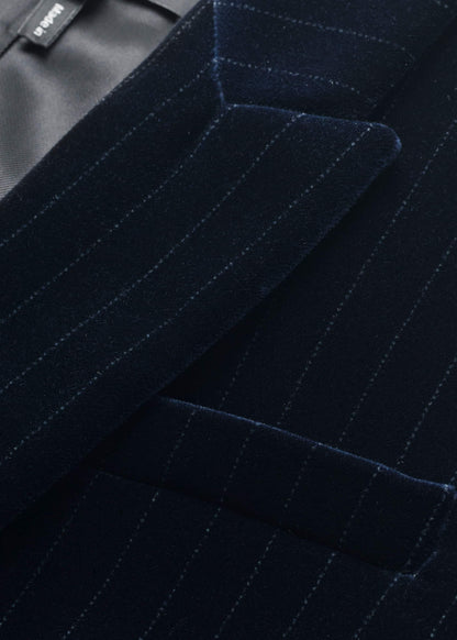Navy Pinstripe Velvet Sharp Shoulder Blazer