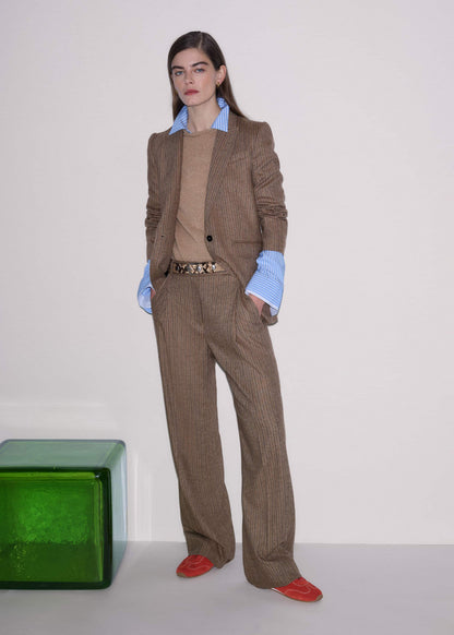 Mocha Brown Pinstripe Sharp Shoulder Blazer