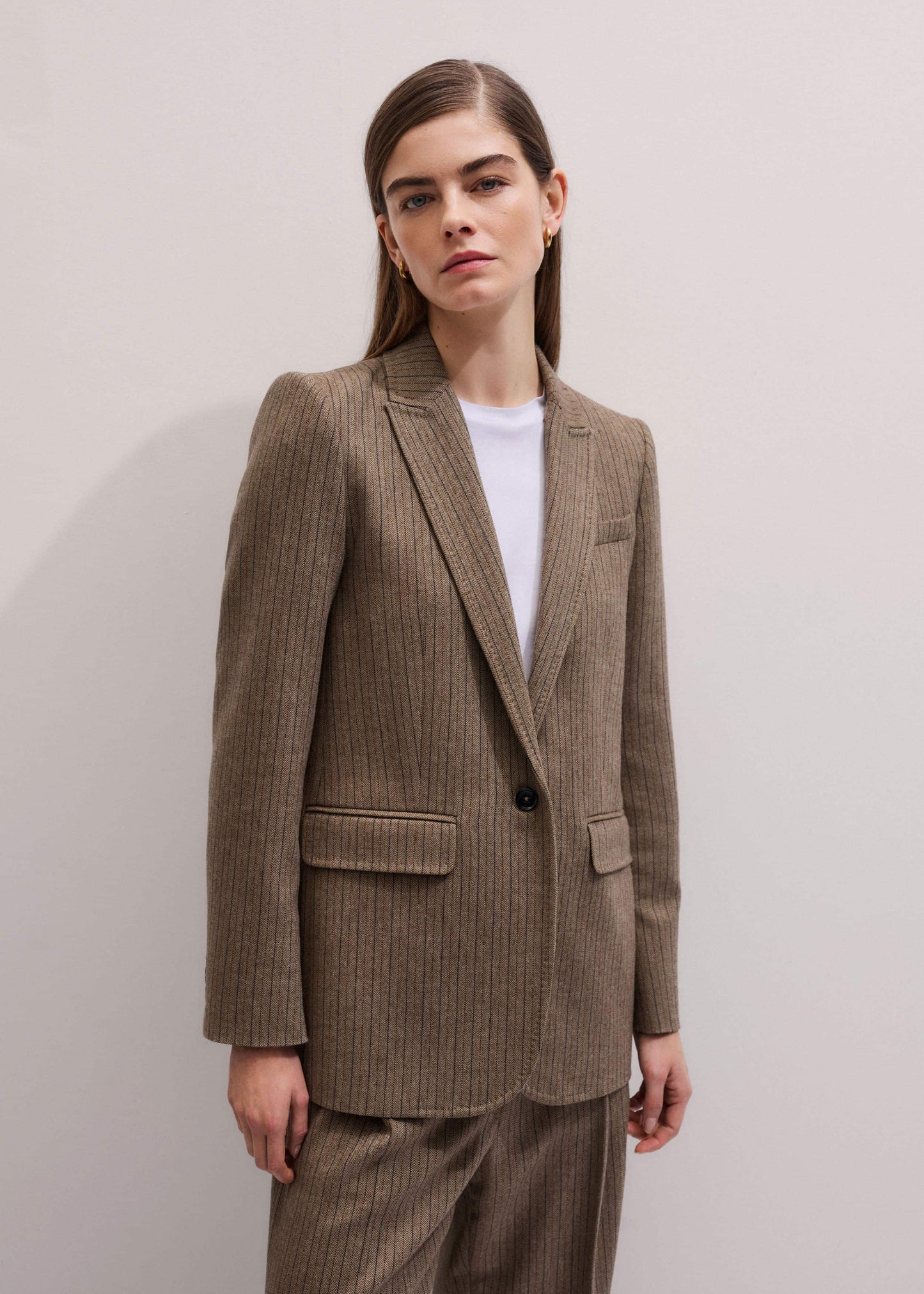 Mocha Brown Pinstripe Sharp Shoulder Blazer
