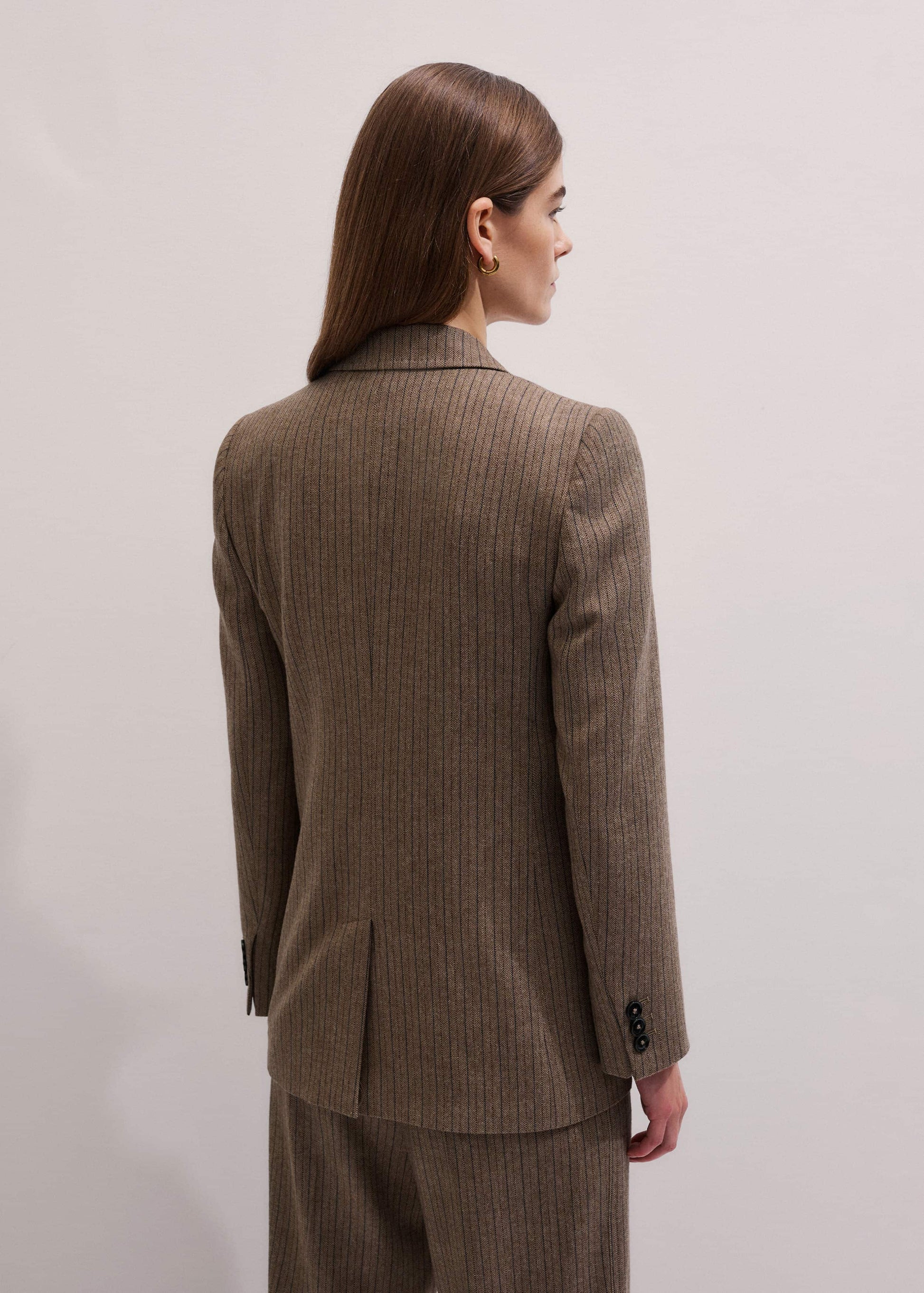 Mocha Brown Pinstripe Sharp Shoulder Blazer