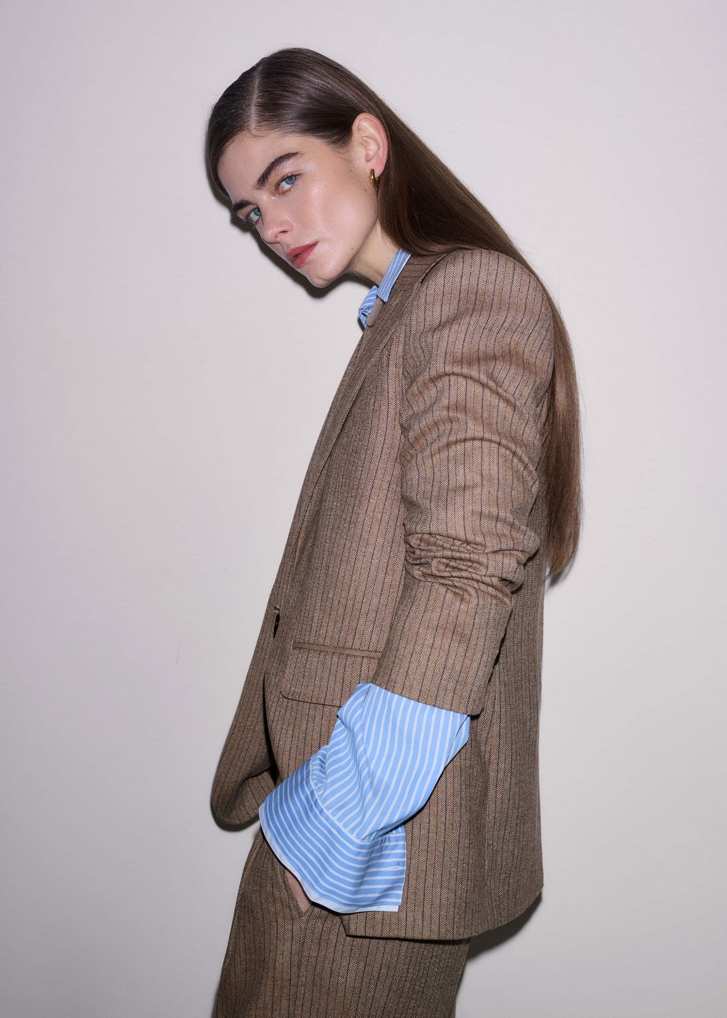 Mocha Brown Pinstripe Sharp Shoulder Blazer